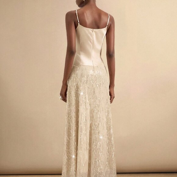 Beige Party Women's Plunging Neck Dress With Sequin Fringe Trim - Picture 2 of 7